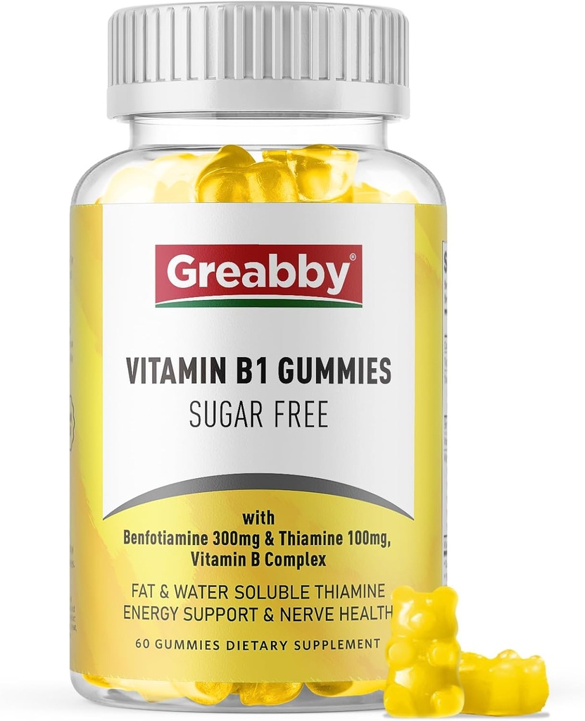 Vitamin B1 Gummie - Benfotiamin 300mg & Thiamine 100mg, Sugar Free, Vitamin B Complex Kaubare Ergänzung, Energie Boost & Nervous System Gesundheit für Frauen Männer, 60 Gummies