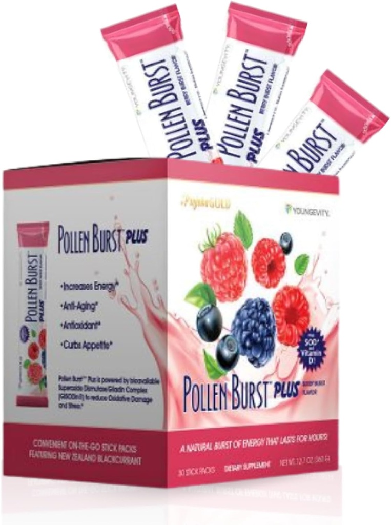 Youngevity Projoba Pollen Burst Plus Berry – Natural Energy Drink mit Blume Pollen, Vitaminen und Antioxidantien – unterstützt nachhaltige Energie und Gesamt-Wohlbelassen – 30 Pakete