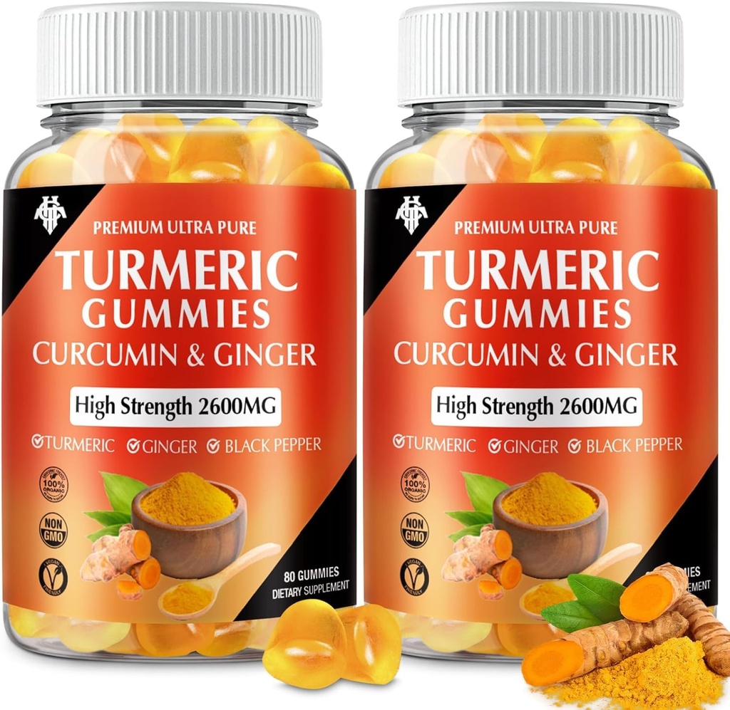 Kurkuminische Curcumin-Gummien mit Ginger & Black Pepper Vegan Pektin Formel für Immun-Boost, Gesunde Haut & Gelenk Unterstützung Kaubare Ergänzung für Erwachsene & Teens (2-Pack)
