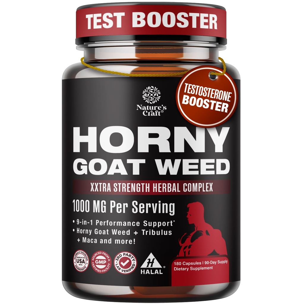 Hoty Goat Weed pour les hommes - Supplément mâle extra-fort avec racine de Maca noir, Tongkat Ali, Saw Palmetto & Panax Ginseng Extrait pour l'endurance et l'énergie - 180 capsules