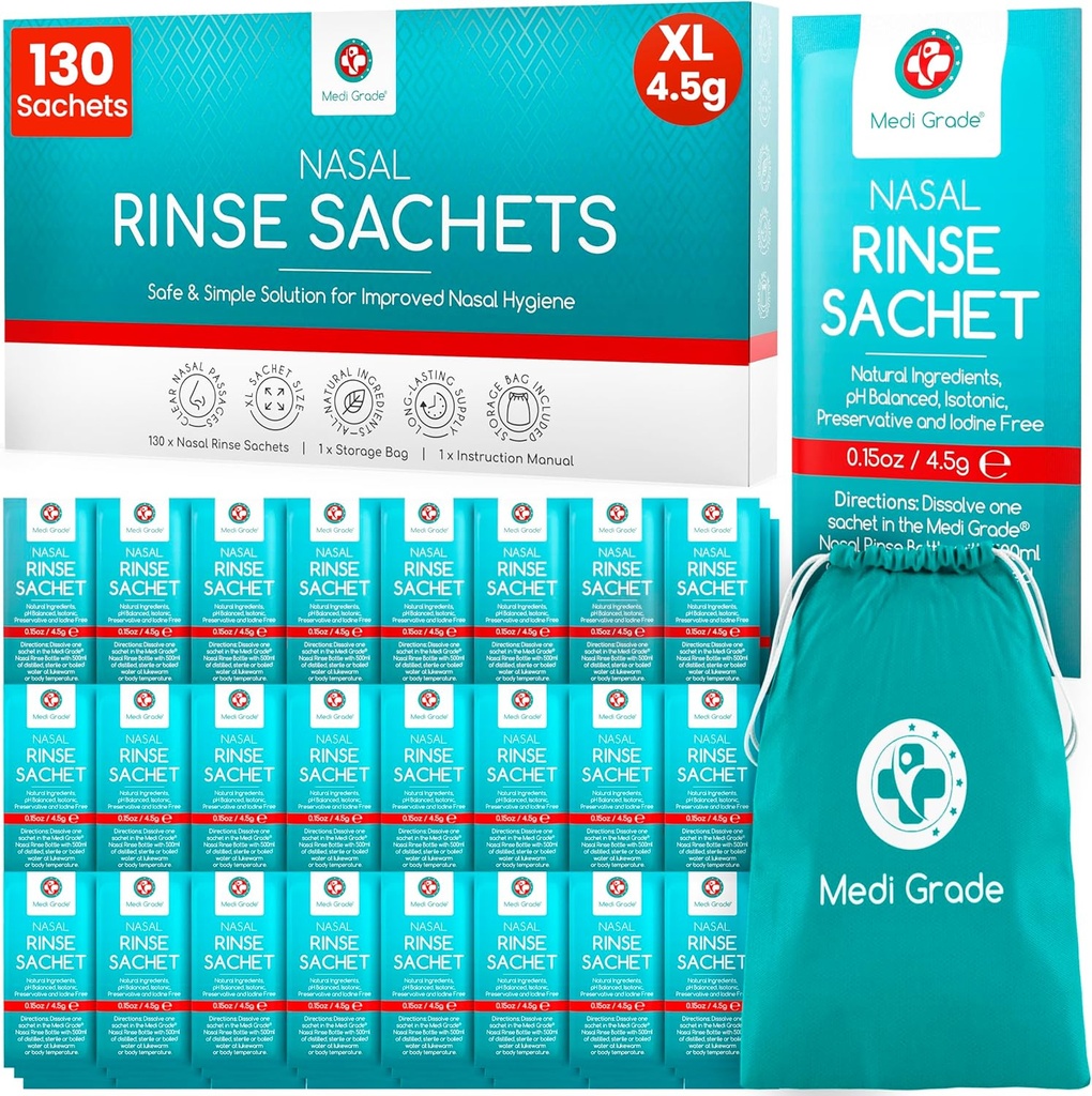 Medi Grade Sinus Rinse Packets – Nasal Rinse Essentials Kit von 130 x Salzpackungen und bequeme Aufbewahrungstasche - Genießen Sie mühelose Nasalbewässerung zu Hause oder unterwegs mit unseren Neti Pot Salt Packets