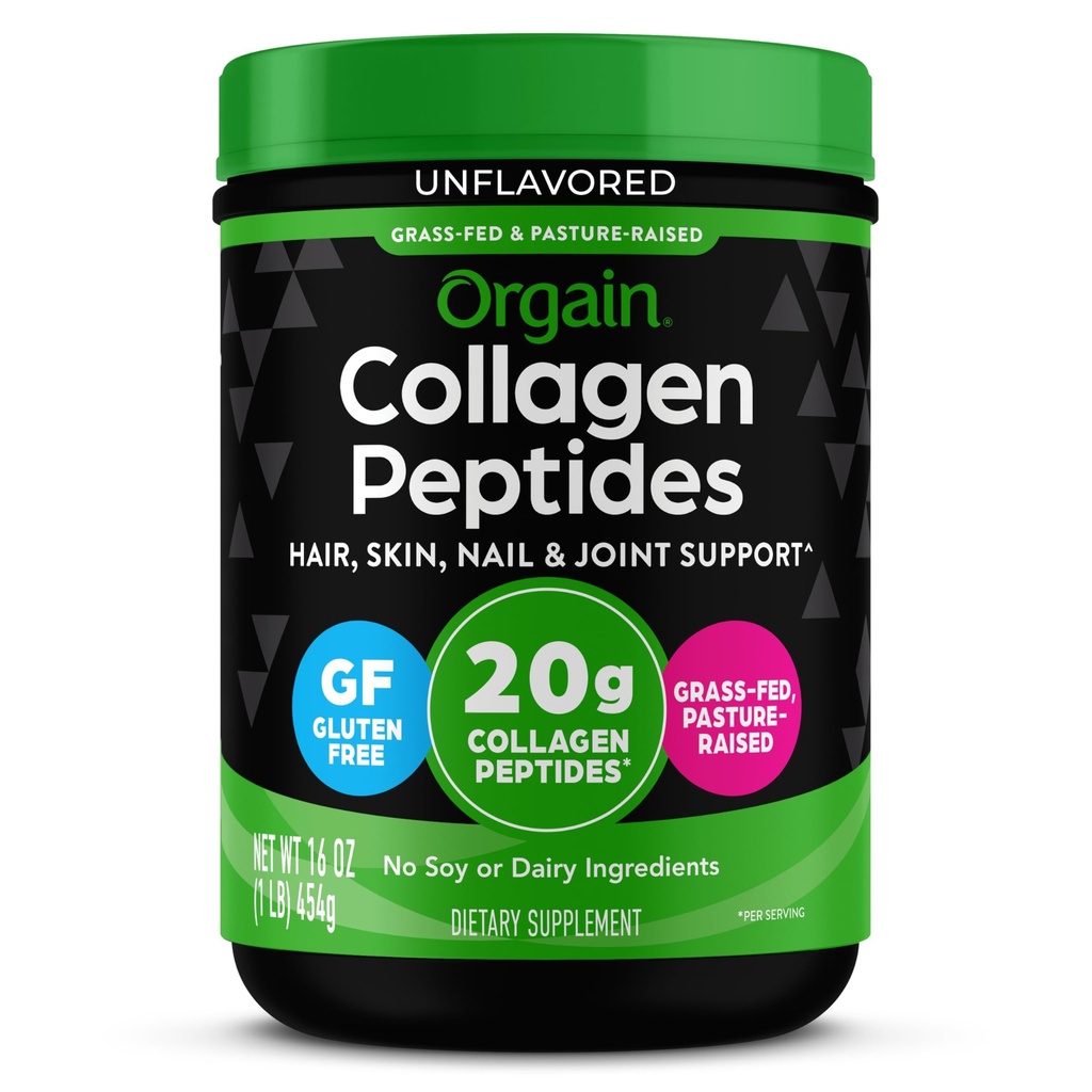Orgaine en poudre de peptides de collagène hydrolysée pour les femmes et les hommes, 20g de collagène à herbe, non aromatisé - cheveux, peau, ongles et complément de soutien articulaire, Paléo & Keto, non-OGM, type I et III, 1lb