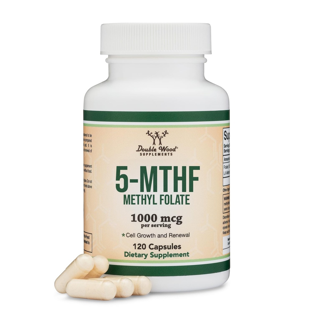 Méthylfolate 1000mcg, 120 Capsules (supplément de phosphate de méthyle testé par une tierce partie) Le folate de méthyle est une forme plus active de folate que l'acide folique (non OGM, sans danger végétalien) par le double bois
