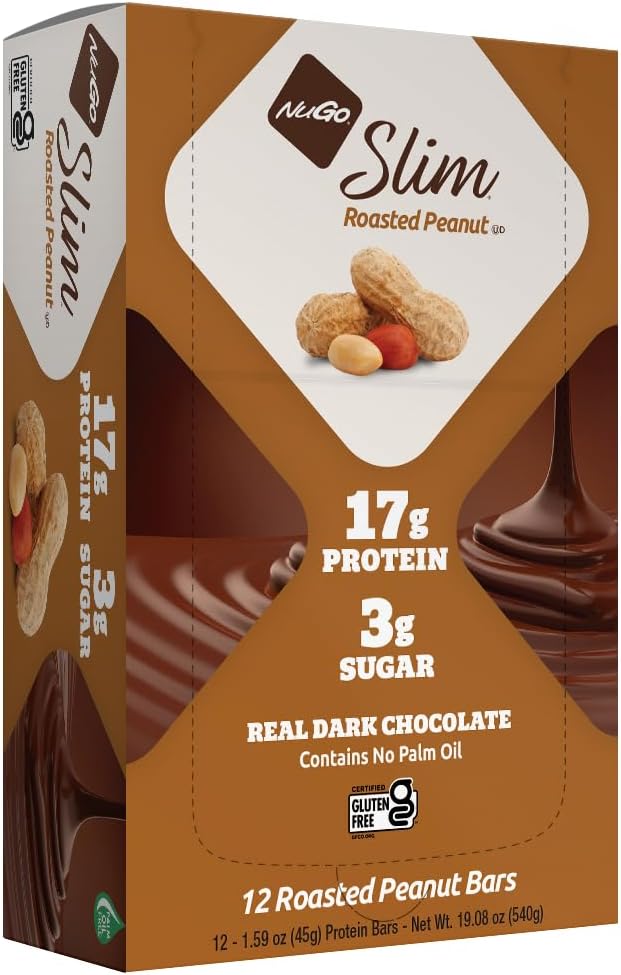 NuGo Slim Dark Chocolate Roasted Peanut, 16g Protein, 2g Zucker, 7g Fiber, Low Net Carb, Keto Friendly, Glutenfrei, 12 Count