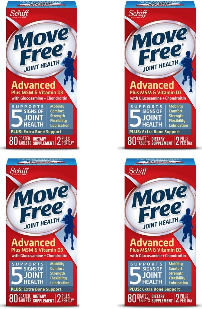 Déplacer Free Advanced Plus MSM et vitamine D3, 80 comprimés - Supplément Santé Joint avec Glucosamine et Chondroïtine (Pack de 4)