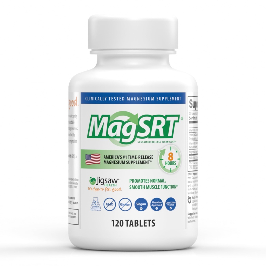 Jigsaw Health MagSRT | Magnesium Supplement with Vitamin B6, Folate & B12 | 120 Tablets | 30 Servings