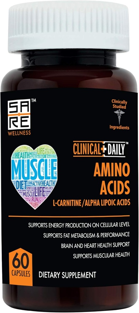 CLINICAL DAILY Acetyl L Carnitin - Alpha Lipoic Essential Amino Acids ergänzt Kapseln für Frauen, Männer oder älter- ALCAR ALA Complex hilft Stoffwechsel, Gehirn, Herz, & Muskel Gesundheit- 60 Pillen