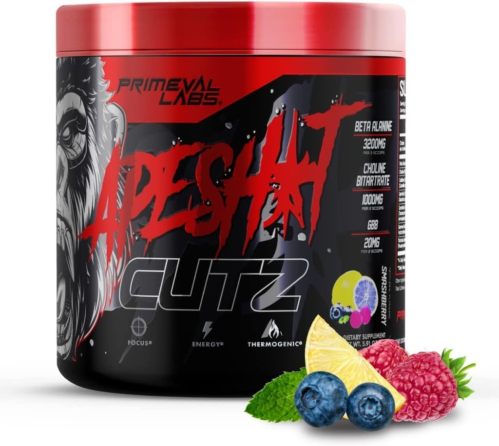 Primeval Labs Ape Cutz Pre Workout Pulver | Wissenschaftlich geformt | Erhöhte Leistung mit Beta Alanine | Post Workout Drink & Energy Booster 50 Serviers Smashberry
