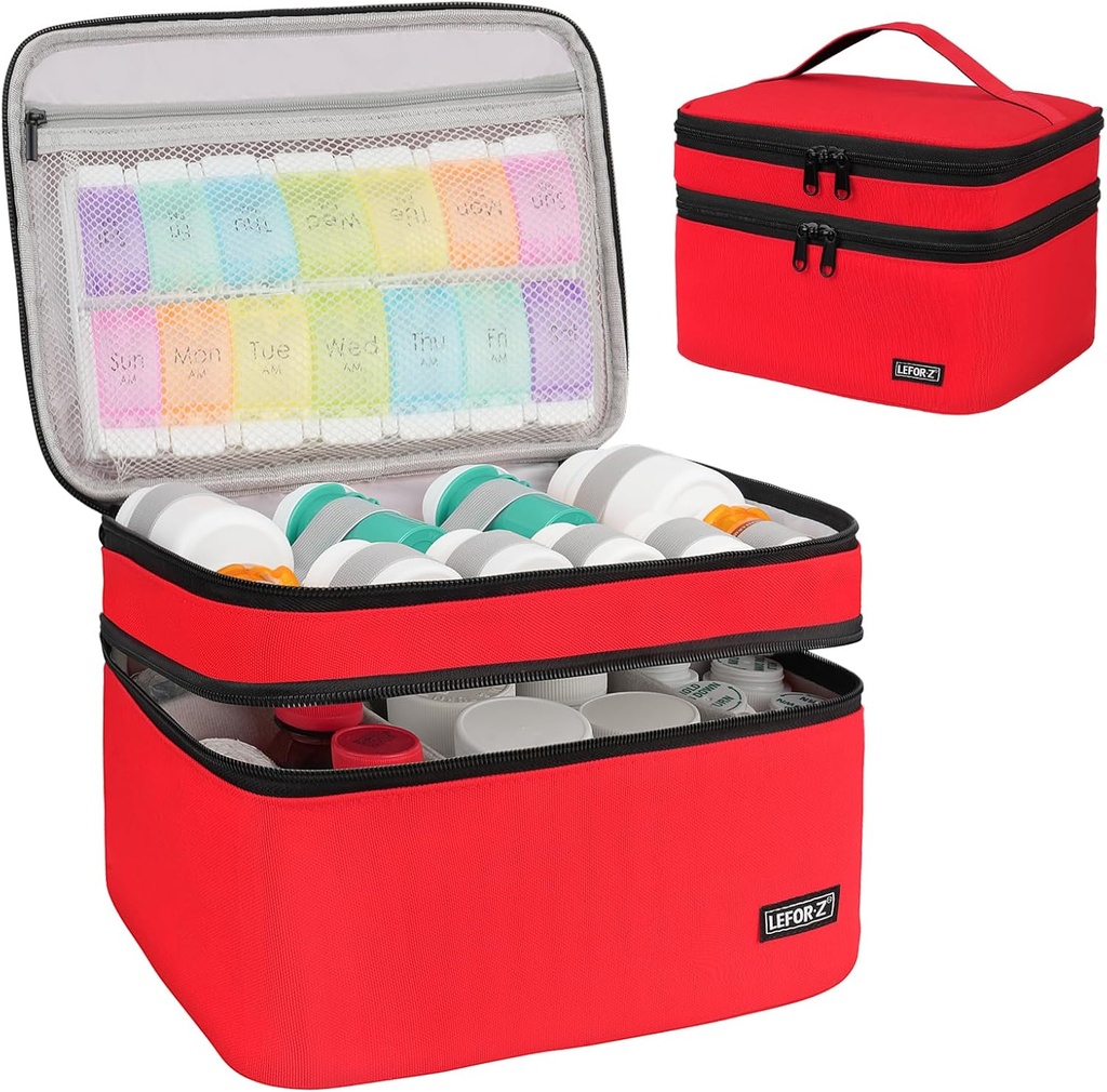 Medizinische Aufbewahrungstasche,Doppelschichten Pillen Flasche Organizer Tasche Leere mit abschließbaren Reißverschluss und verstellbare Divider,Medikation Reise Tragetasche für Pillen,Vitamine,Medical Supplies,Red
