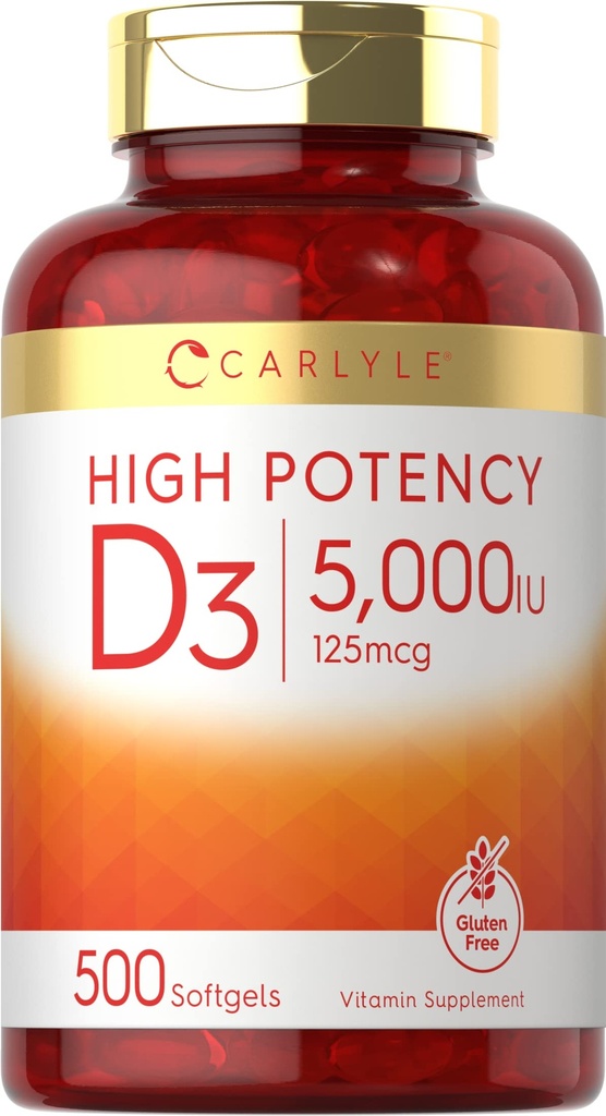 Carlyle Vitamin D3 5000 IU Softgels | 500 Count | Wertgröße | Non-GMO und glutenfreie Ergänzung | Hohe Potenz Formel | 125mcg