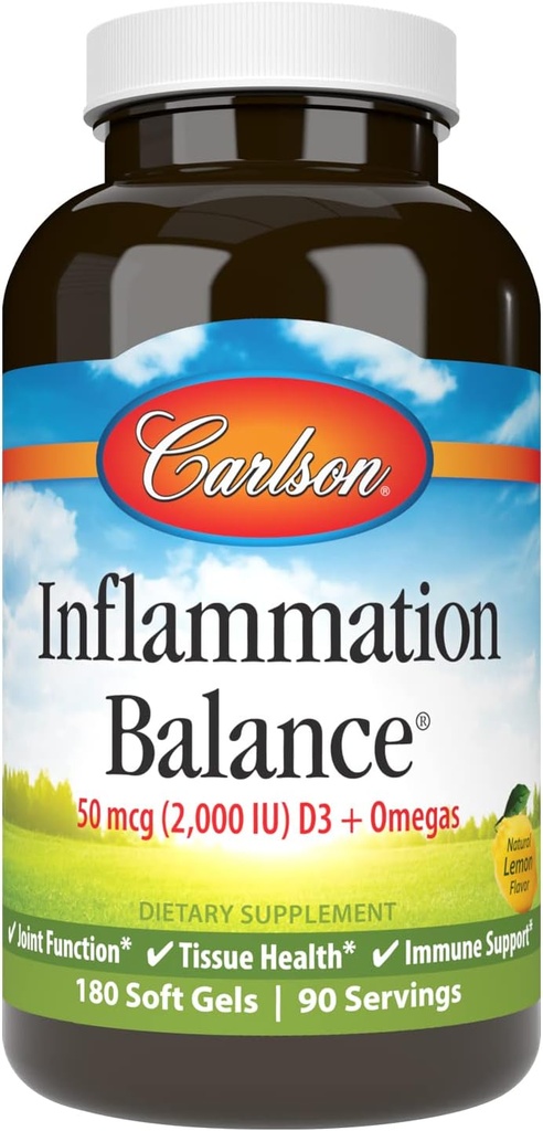 Carlson - Entzündung Balance, Balanced Omega-3 & Omega-6 Ratio, mit D3, Norwegisch, Wild-Caught Fish Oil Supplement mit Fettsäuren, Sustainable Sourced Fish Oil Capsules, 180 Softgels