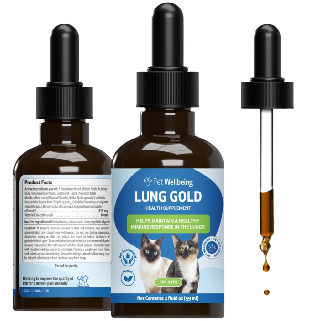 Pet Wellbeing Lung Gold für Katzen - Lung Immununterstützung, Lower Respiratory Health, Open Airways, Normale Atmung, Reishi, Coptis - Veterinarian-Formulierte Kräuterergänzung - 2 oz (59 ml)