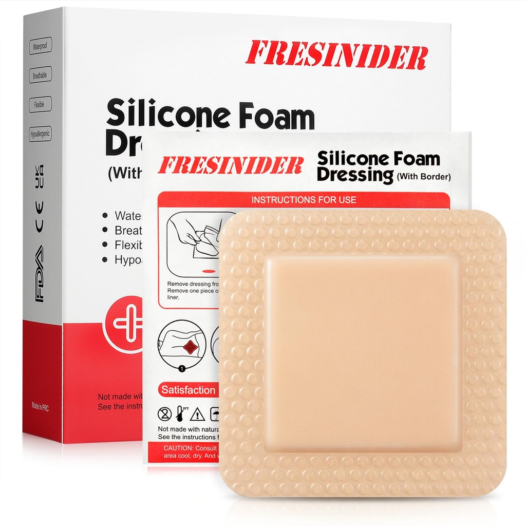 FRESINIDER Silikonschaum Dressing mit Kleber Bord – Wund Dressing Bandage – Silikonschaum Pad – Packung von 10 – 4 x 4 Zoll Große wasserdichte Bandagen – Selbstklebende Wund Pflege und Dressing
