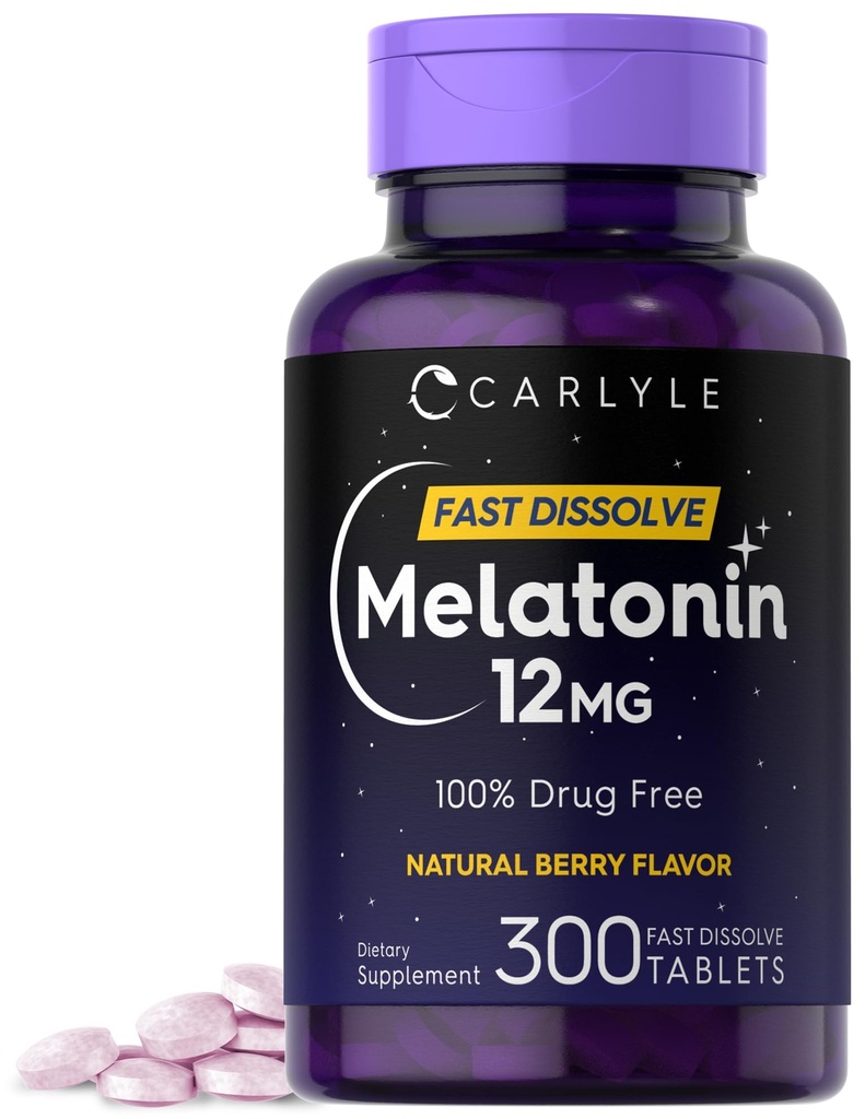 Carlyle Melatonin 12 mg Dissoudre rapidement 300 comprimés Sans médicament Sans saveur de baie naturelle