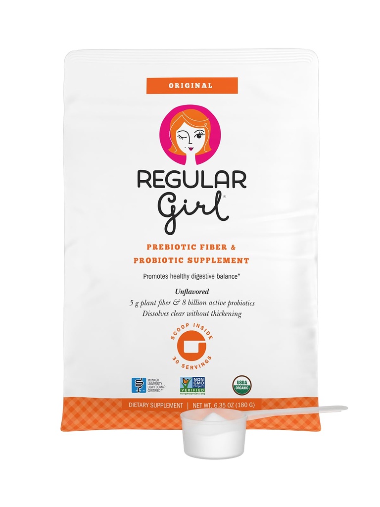 Regular Girl Organic Powder, Prebiotic Fiber Supplement und Probiotics für Damen, Low FODMAP, 30 Servierungen, Unflavored