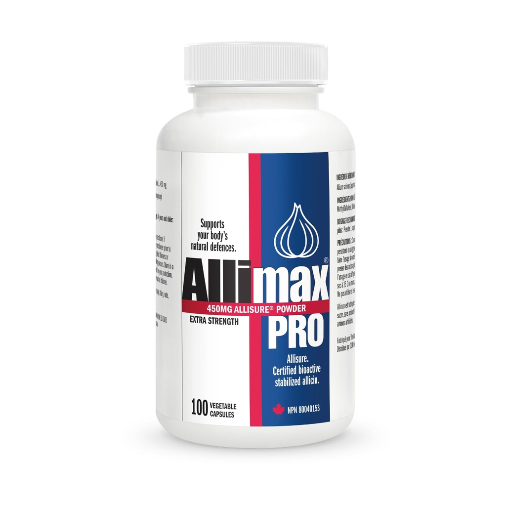 Allimax Pro 450mg 100 Vegicaps. Allicin Knoblauch Ergänzung zur Unterstützung der Immunfunktion Ihres Körpers. Mit Stabilisiertem Allicin extrahiert von Clean & Sustainable Spanish Grown Garlic. Professionelle Stärke