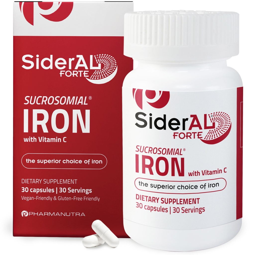 Supplément de fer solide SiderAL cliniquement prouvé pour augmenter les niveaux sans effets secondaires.