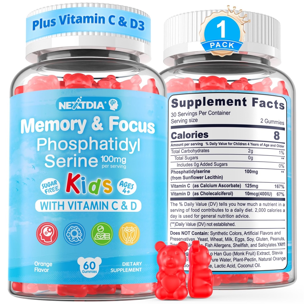 Phosphatidylserine Ergänzung 100mg, Fokus Gummi für Kinder Teens + Vitamin C & D3 400IU, Sugar Free Kids Brain Gummies erhöhen Aufmerksamkeit & Konzentration, Kaubar, Vegan, Glutenfrei, Non-GMO 60Cts