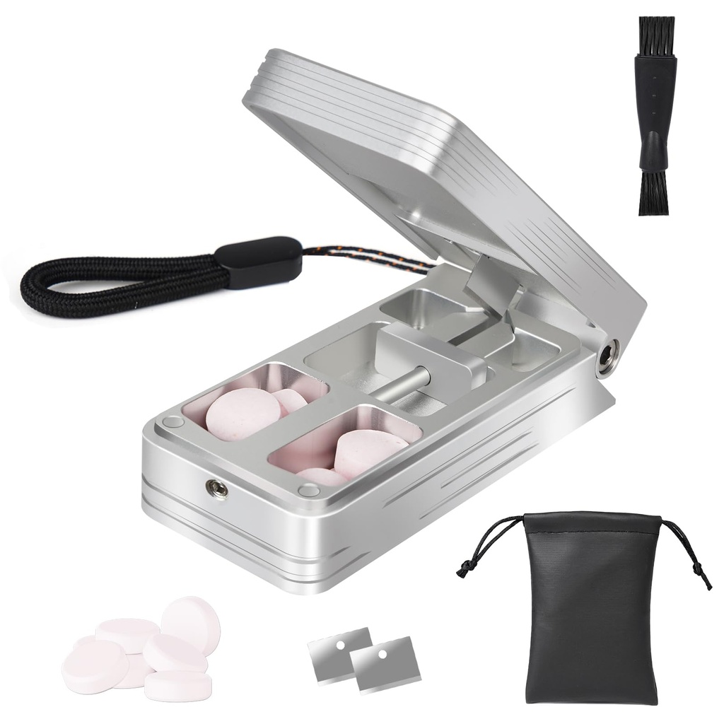 Cutter de pilules pour les petites et petites pilules, Splitter en aluminium professionnel avec dispositif de centrage automatique et 2 lames en acier inoxydable remplaçables, Splitter de pilule portable avec boîtier PU (Argent)