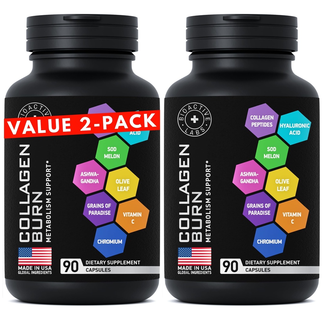 Capsules thermogéniques de combustion de plusieurs collagènes - Acide hyaluronique collagène Peptides plus hydrolysé - Avancé type I, II, III, V, X - 2-pack, 180 bouchons de combustion collagène
