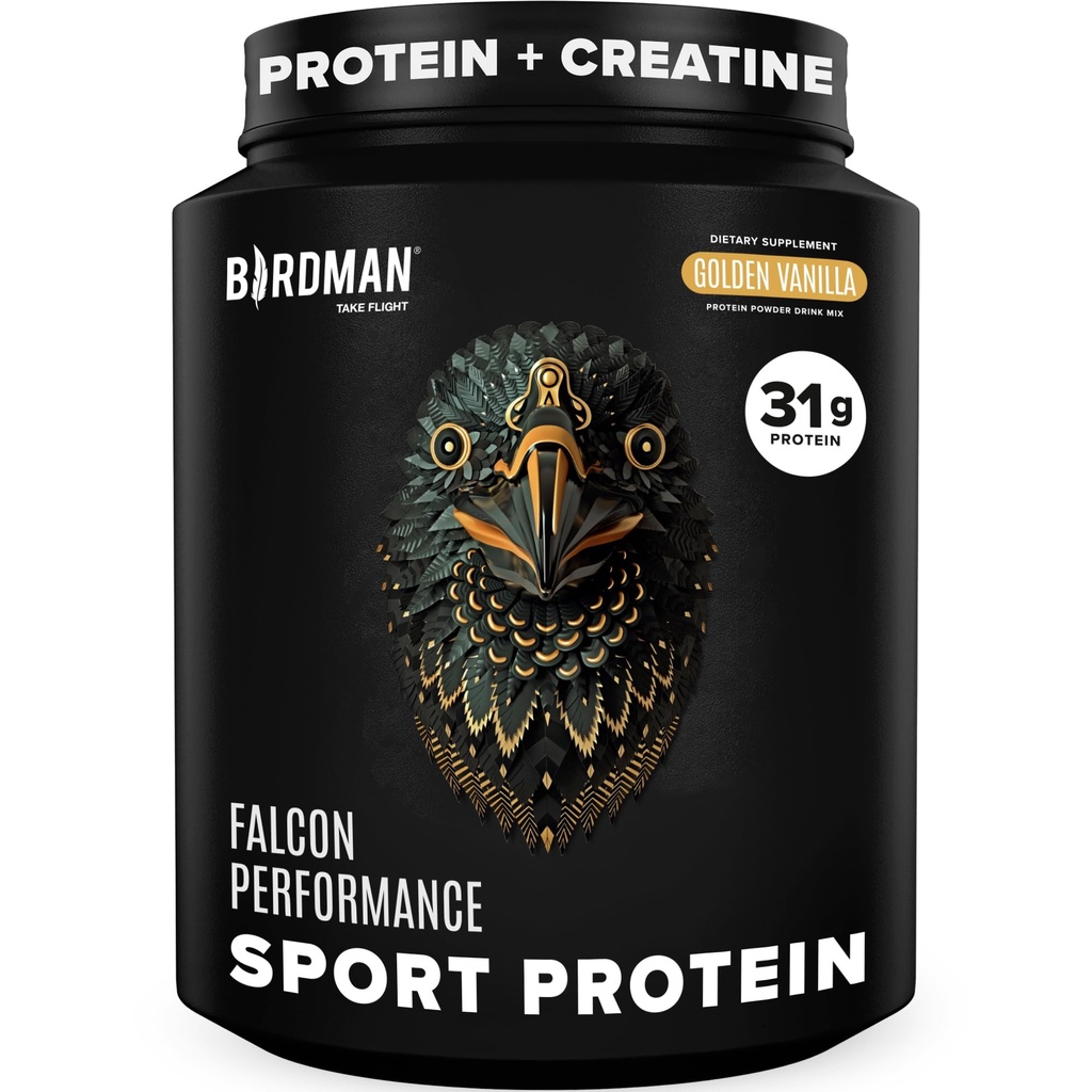 BIRDMAN Falcon Performance Poudre de protéines végétaliennes, 31g Protéines, 5g de créatine, 5g BCAA, Probiotiques, électrolytes, pré-entraînement, faible teneur en glucides, sans sucre et sans lait, à base de plantes protéines de vanille -19 portions