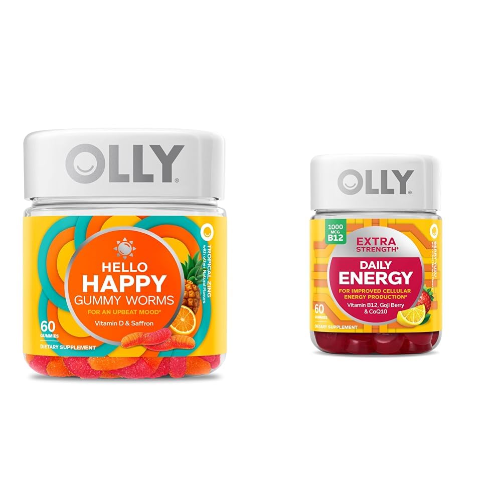 Hello Hello Happy Gummy Worms, Soutien de l'équilibre de l'humeur, Vitamine D, Safran, Supplément à croquer pour adultes et énergie quotidienne supplémentaire Gummy, Sans caféine, 1000mcg Vitamine B12, CoQ10, Goji Berry