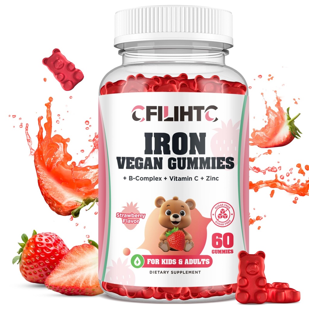 Gommies de fer pour les enfants, les femmes et les hommes, supplément de fer avec multivitamine - Complexe vitamine B, C, B6, B12, Folate, zinc pour l'anémie, carence en fer, fabricant de sang, énergie - fraise, végétalien 60ct