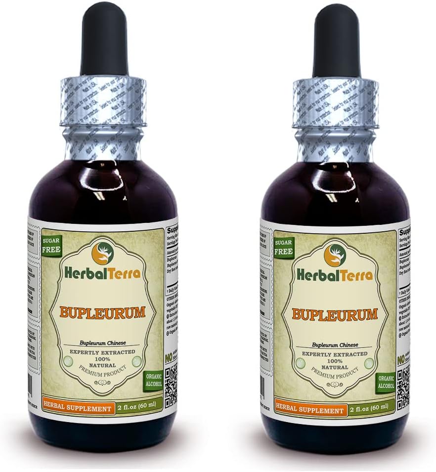 Bupleurum (Bupleurum chinense) Teinture, extrait liquide de racine séchée biologique (marque : HerbalTerra, fièrement fabriqué aux États-Unis) 2x2 fl.oz (2x60 ml)