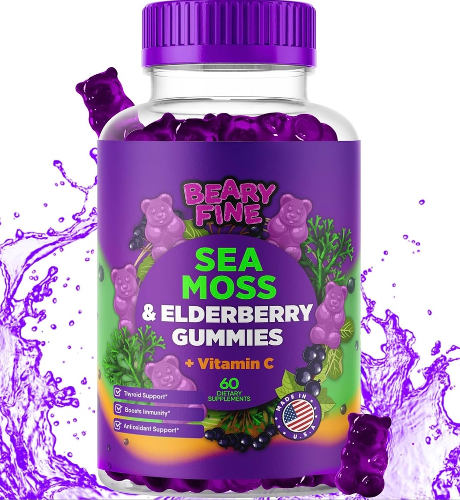 Sea Moss Gummi & Elderberry - Vitamin C + Zink – Extra Strength Immune & Schilddrüse Unterstützung Booster Gummy Bären für Kinder & Erwachsene - 60 Seamoss Gummies - Made in USA