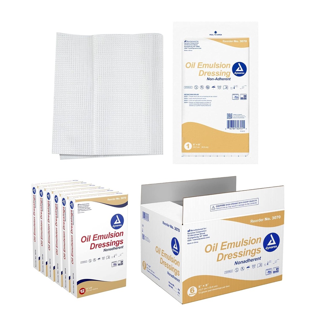 Dynarex Ölemulsion Dressings, Wound Care, Absorbent, 5” x 9” Steril gestrickte Gauze Dressing mit Emulsion Mischung aus Petrolatum und Sonnenblumenöl, 6 Boxen von 12 Ölemulsion Dressings