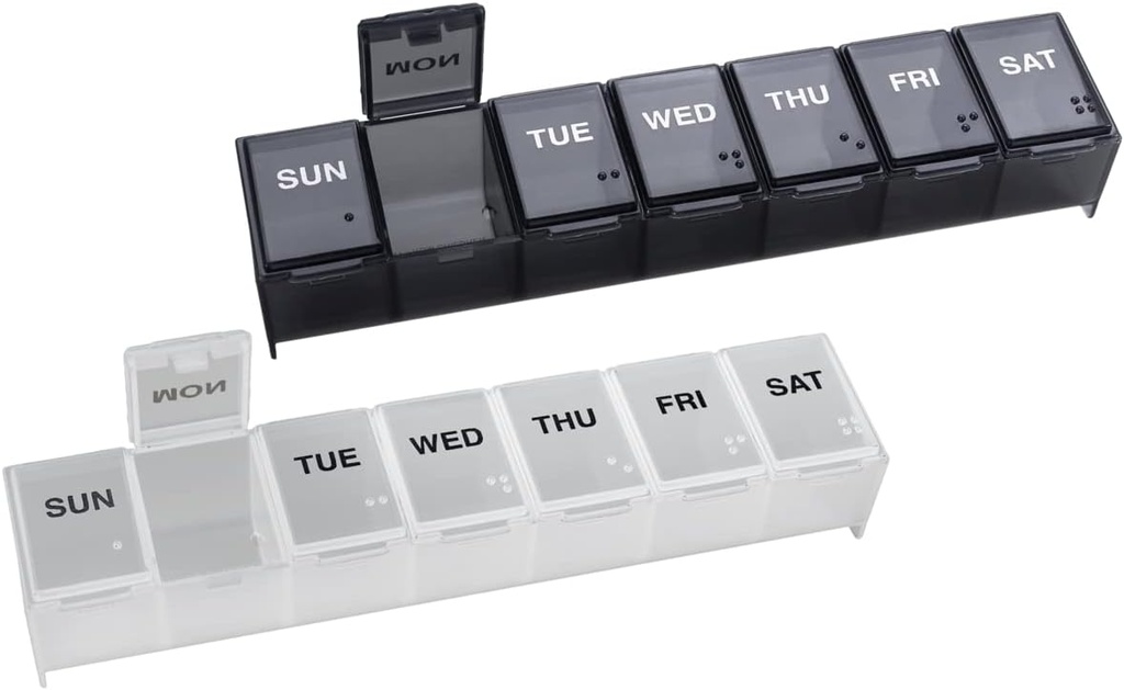 EZY DOSE Weekly (7-Day) Daily Pill Organizer, Vitamin Planner, and Medicine Container, Large Compartments, Easy to Open, Travel Friendly, Includes One Black and One White (2 Pack), Made in The USA