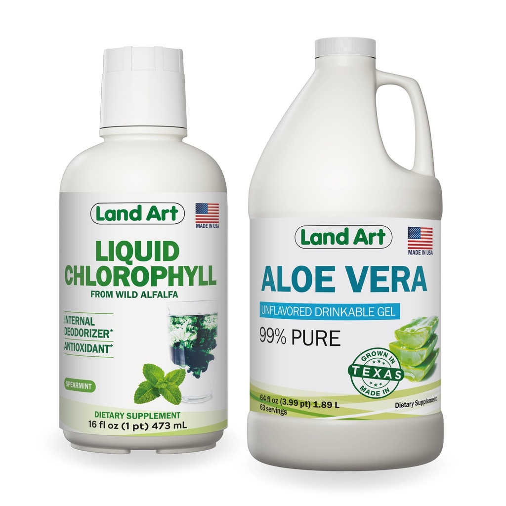 Land Art Pure Aloe Vera Gel buvable Non aromatisé 64 fl oz + Menthe de chlorophylle liquide Aromatisée 16 fl oz