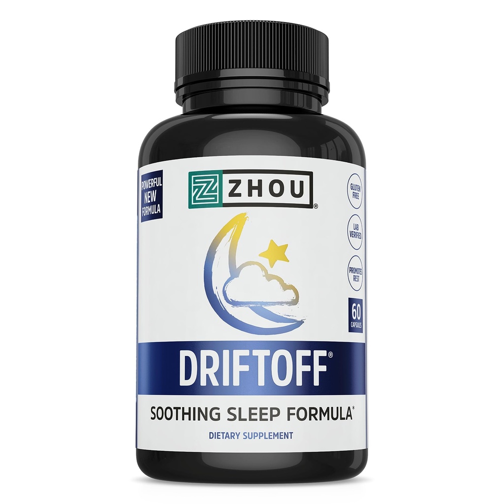 Zhou Driftoff - Nature Inspired Sleep Aid, Valerian Root & Melatonin pour le sommeil pour les hommes et les femmes, Supplément de sommeil calme pour les adultes avec Gaba & Camomile pour se détendre - 60 Capsules de Veggie