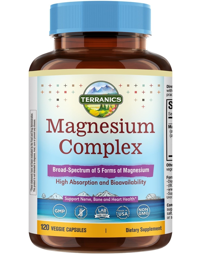 Terranics 5-in-1 Magnesium Complex Supplement 500mg - 5 Forms High Absorption Magnesium Glycinate Citrate Malate Aspartate Gluconate for Sleep Heart Health - Non-GMO 120 Vegan Capsules