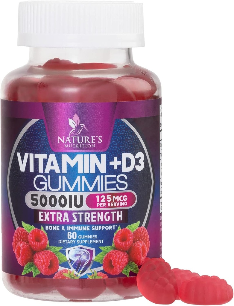Vitamin D3 Supplement Gummy 5000 IU (125 mcg) Diät Vitamine D für Männer und Frauen - Knochen, Zähne, Muskel- und Immungesundheitsunterstützung, Hohe Potenz VIT D3 Nature's Non-GMO & Gluten Free - 60 Gummie