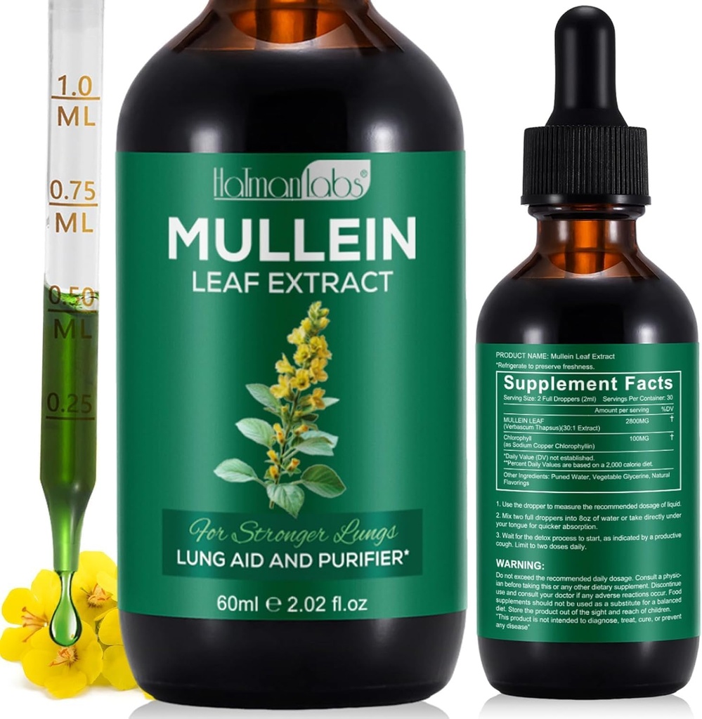 Mullein Blatt Extrakt für Lunge, Mullein Tropfen für Lunge, Unterstützung Lung, Atemfunktion für gesunde Atmung, Verbesserung der Pulmonarfunktion, natürliche und sichere Ergänzung (1 PC)