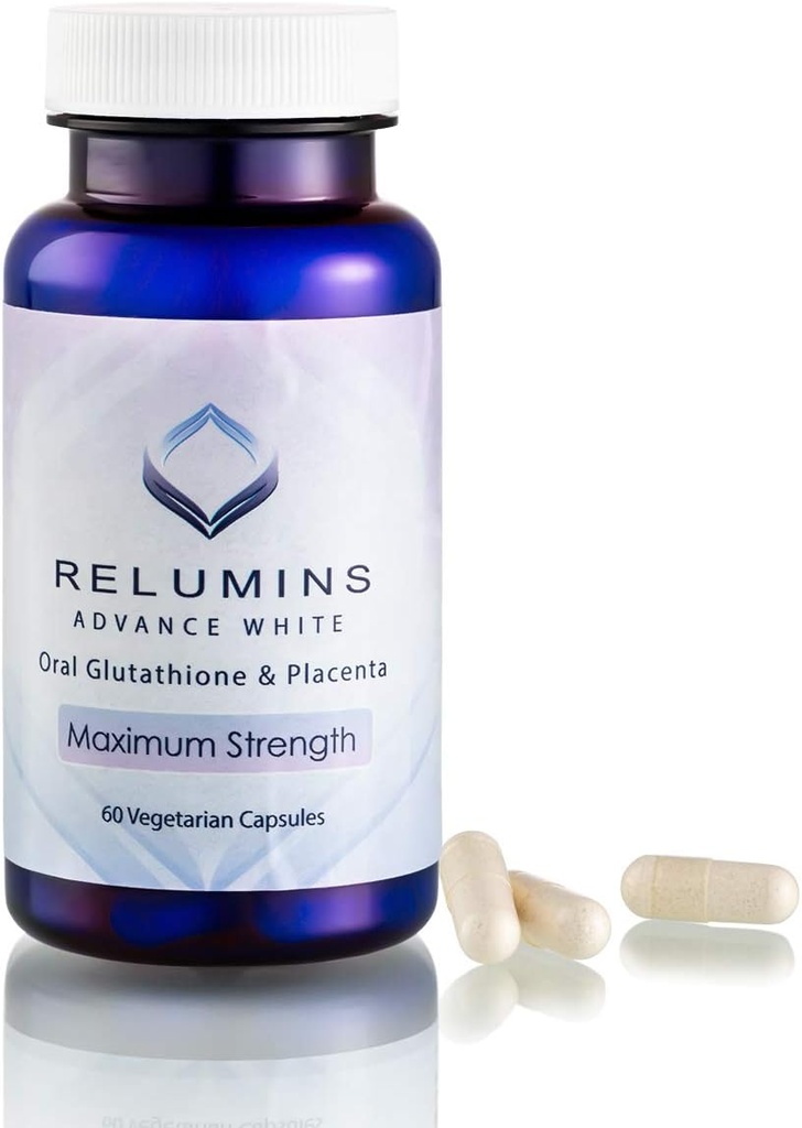 Relumins Capsules avancées de glutathion blanc - Supplément Max Strength avec ALA, Placenta, Rose HIPS & Vitamine C - Supporte la peau collagène et jeune, Fabriqué aux États-Unis - 60 capsules