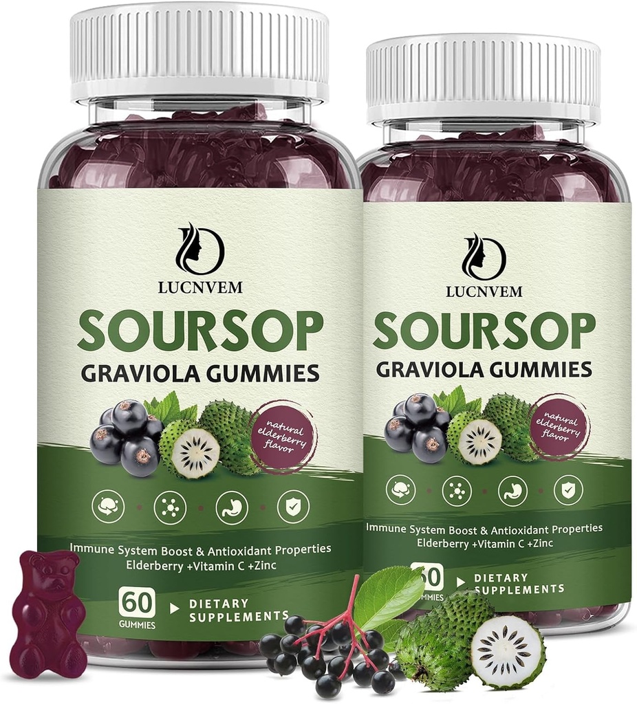 Bio Soursop Graviola Gummi, Soursop Extrakt mit Elderberry Rich in Multivitamin für natürliches Antioxidans, Zellunterstützung & Regeneration, Immune Boost und Haut, Vegan- 60 Tage Versorgung