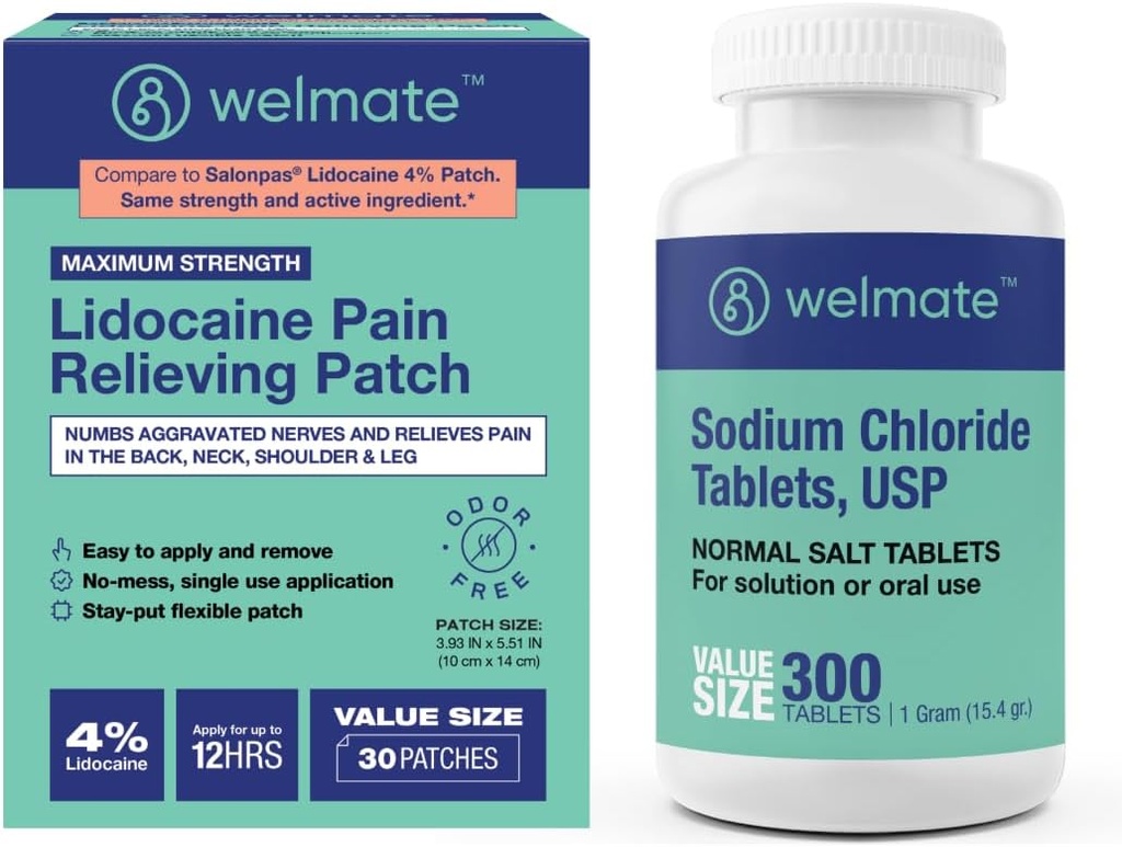 WELMATE Recovery Bundle: Comprimés de chlorure de sodium, 300ct + 4% Lidocaïne Numbing Patch 30 ct