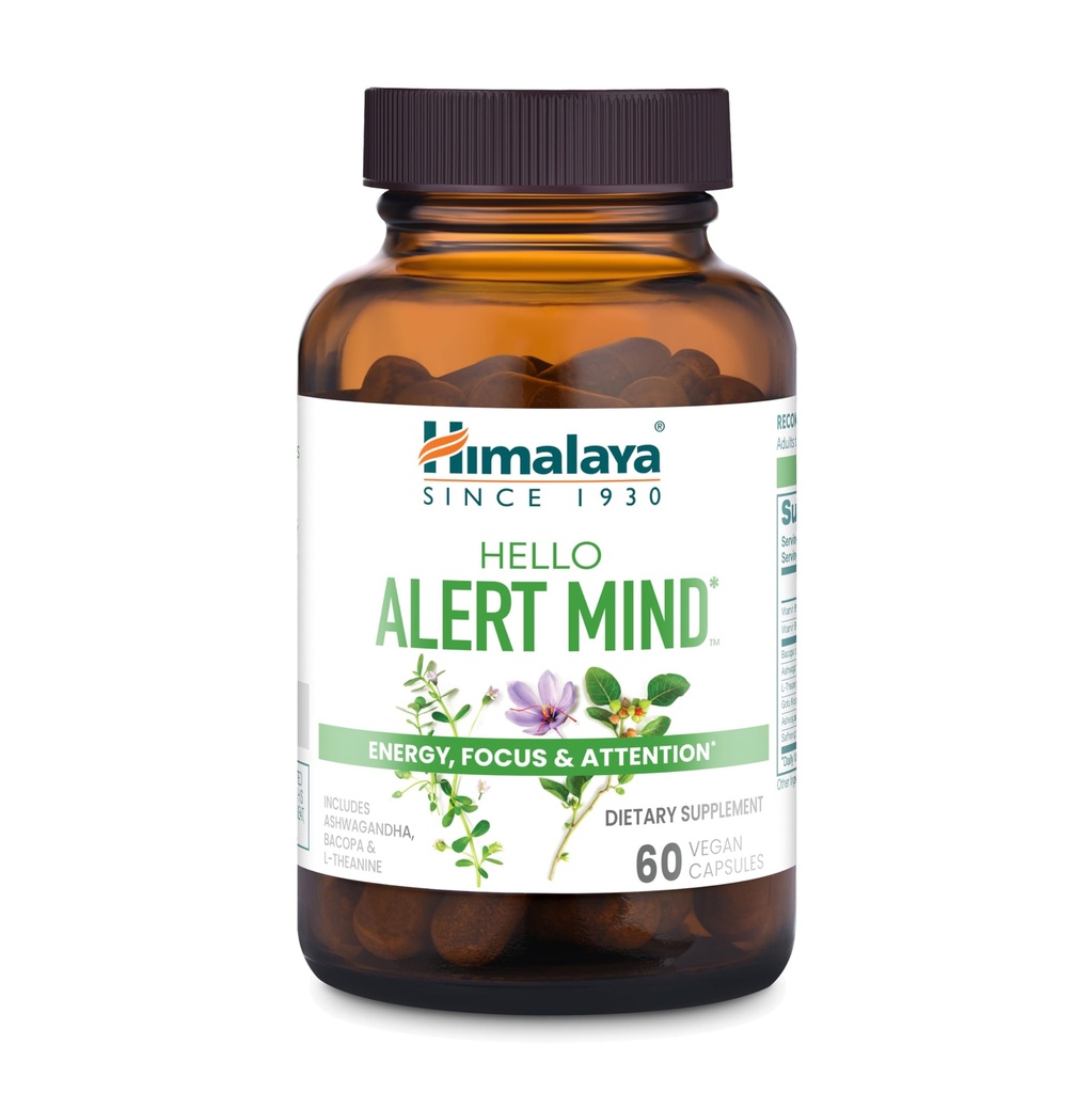 Himalaya Hello Alert Mind mit L-Theanin, Ashwagandha, Bacopa, Vitamin B6 & B12, für Energie, Fokus & Aufmerksamkeit, Vegan, Glutenfrei, 60 Kapseln