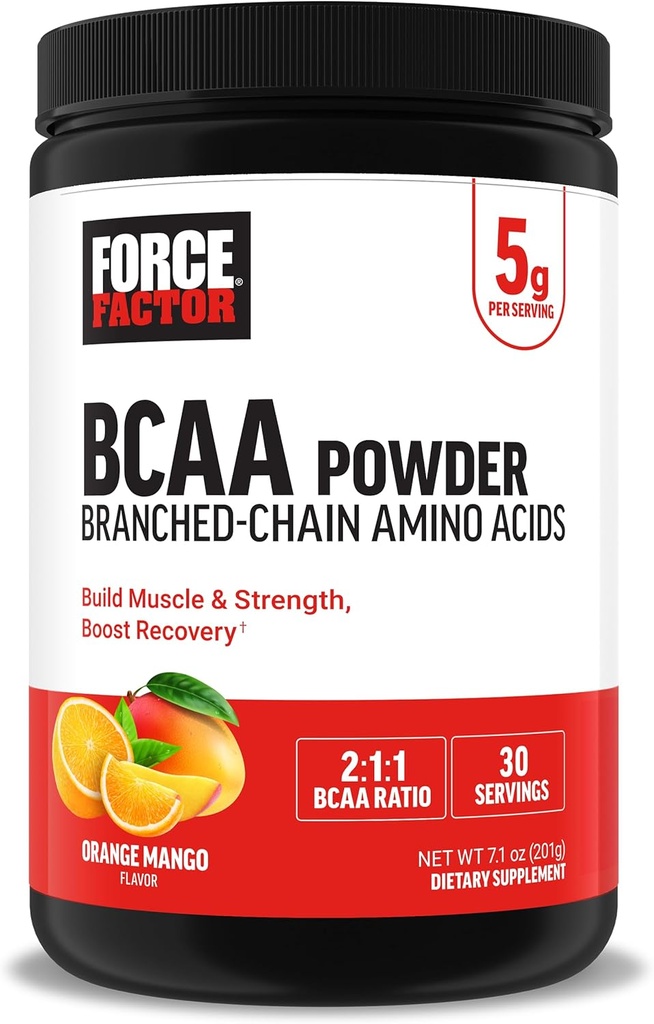 Facteur de force BCAA Amino Acids Supplément 2:1:1, Délicieux et rafraîchissant BCAA poudre pour soutenir la récupération et la performance musculaire, pas de couleurs artificielles ou des saveurs, mangue orange, 30 portions