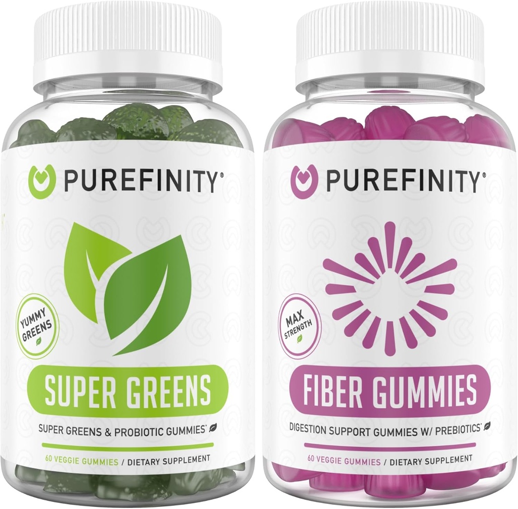 PUREFINITY Fiber + Super Greens Gummie Bundle (Inulin FOS Prebiotic Fiber Gummies + Super Greens Gummies – Daily Supergreens mit Spirulina, Alfalfa, Spinach, Broccoli, Beet Root, Acai)