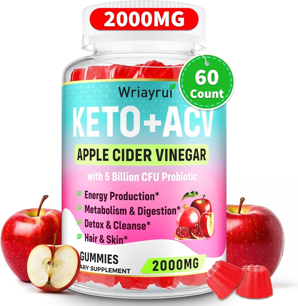Apfelessig-Gummien, Fast Ripped Keto ACV-Gummien, Max Strength 2000mg, Formuliert mit Grüner Tee, B6 & B12, Probiotics, ACV für Stoffwechsel, Verdauung, Detox & Cleanse, 60 Zähler
