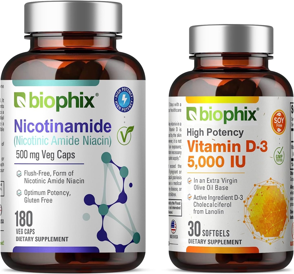 Biophix B-3 Nicotinamid 500 mg 180 Vcaps Plus Free Vitamin D-3 5000 IU 30 Softgels - Nicotinic Amide Niacin Natural Flush-Free Vitamin Formula - Unterstützt Hautzellgesundheit