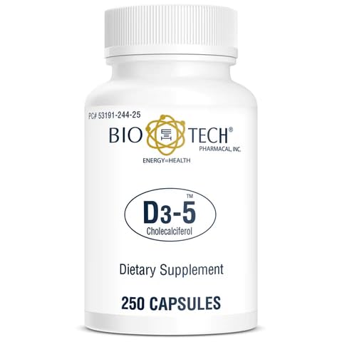 Bio-Tech Pharmacal D3-5 (5000 IU), 250 Kapseln – All-Natur-Ergänzung – Unterstützt Knochen & Immune Gesundheit – No Dairy, Fish, Gluten, Peanut, Shellfish, & Soy – Keine künstlichen Farben