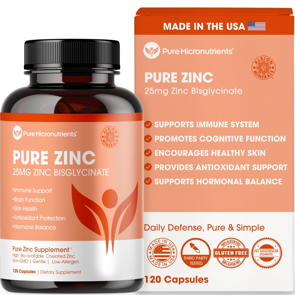 Pure Zink Supplement 25mg - TRAACS Bisglycinat Chelate - 120 Kapseln für Immununterstützung, Hautgesundheit & Energie - für Männer & Frauen