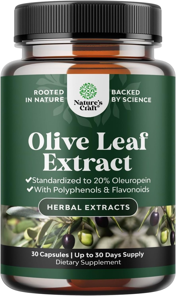 Potent Olive Leaf Extract Capsules - Supplément antioxydant à haute résistance avec Pure Olive Leaf avec 20% Oleuropein - Supplément santé cardiaque à base de plantes - Vegan Non-OGM & Sans gluten (1 mois d'approvisionnement)