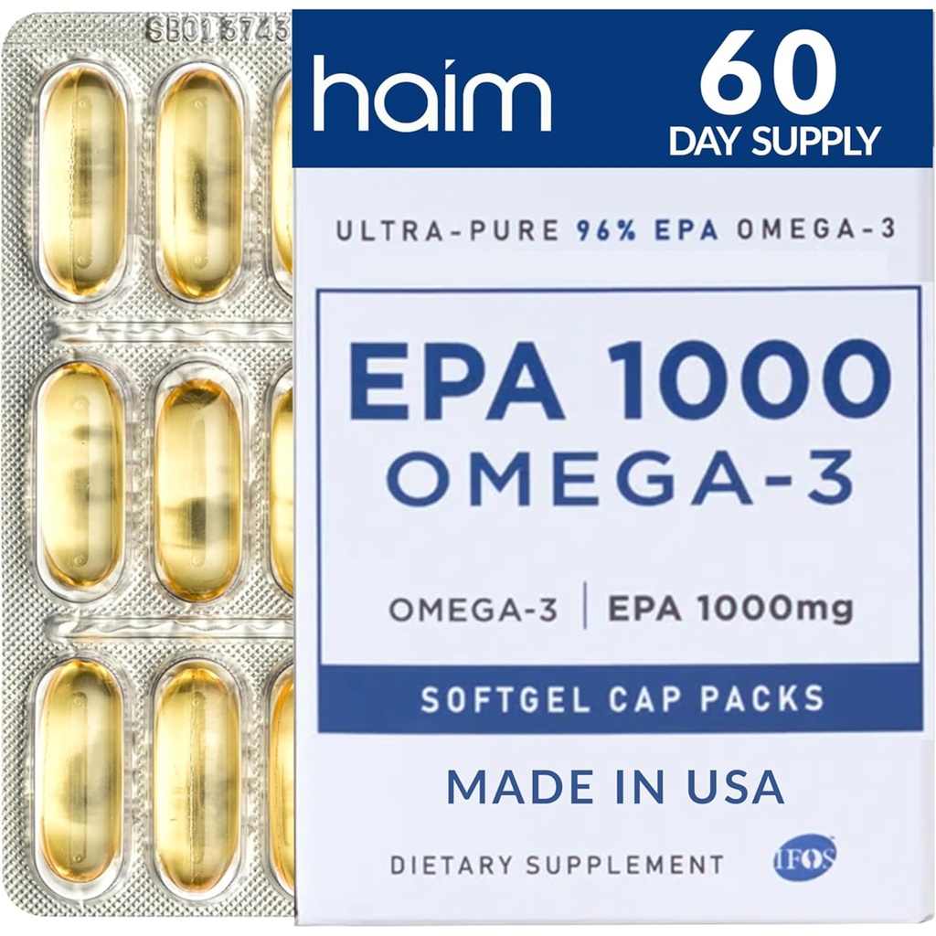 HAIM EPA1000 – High-Potency EPA Fish Oil Supplement – 1.100mg Omega-3 für Herz, Gehirn & Gelenke Gesundheit – Pharmaceutical-Grade Softgels – Pure, Burpless Capsules – 60 Softgels – Made in USA