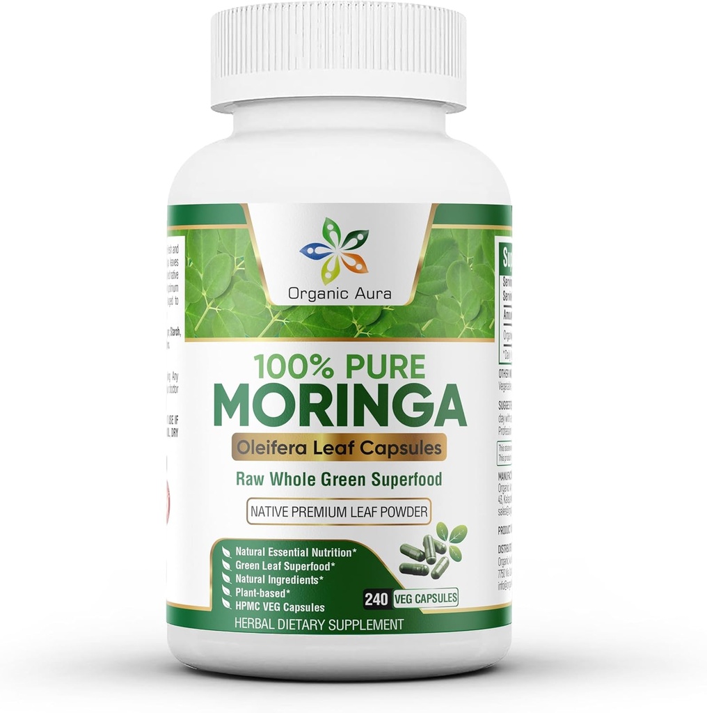 Bio Aura Moringa Kapseln - 240 Ct Großhandelspackung. Authentic Raw Moringa Blatt Ergänzung für Energie, Stoffwechsel, Schnürung, Immunität und gemeinsame Gesundheit. Ganze Blätter Grün Super Food Nutrition.
