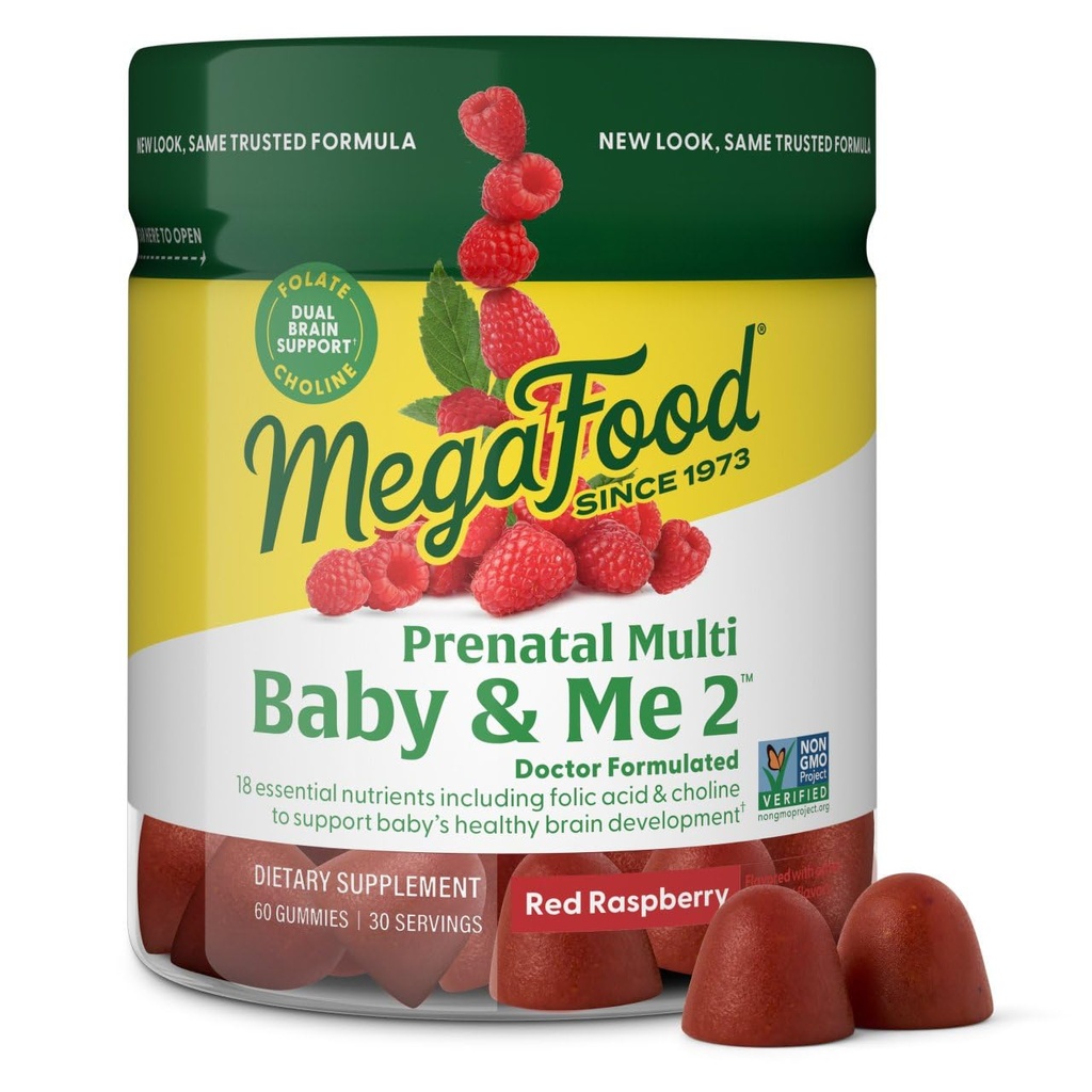 MegaFood Baby & Me 2 Pränatale Vitamine für Frauen Gummis mit Folsäure und Cholin für Babys Gehirnentwicklung; Plus Echte Frucht-Rote Himbeere Geschmack - 60 Gummis (30 Servierungen)